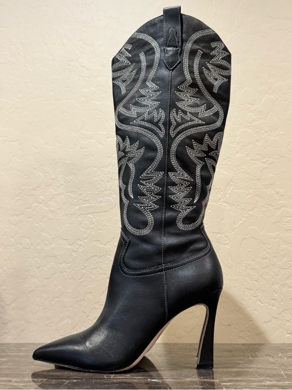 Antonio Melani Embroidered Leather Knee High Heeled Cowboy Boots